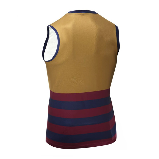 A sleeveless sports singlet featuring a gold and navy colour scheme with maroon stripes on the lower half.