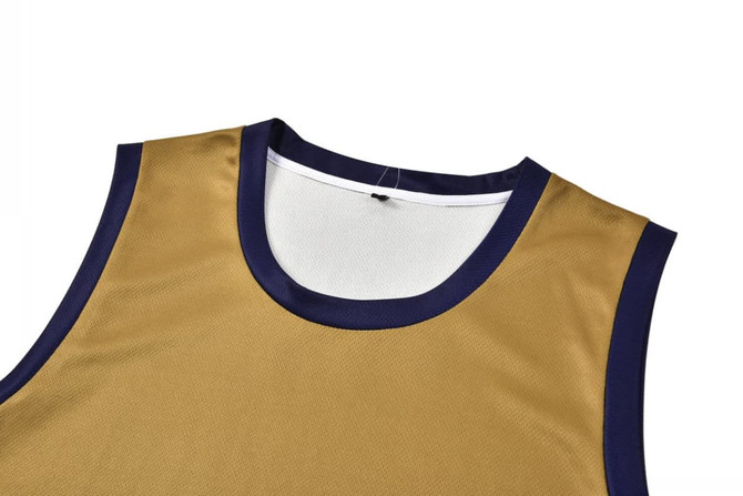 A singlet panel in gold with a navy blue neckline, featuring a logo at the collar area.