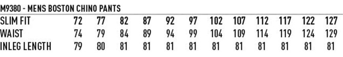 A chart displaying sizing information for Men's Boston Chino Pants, including slim fit, waist, and inseam lengths.