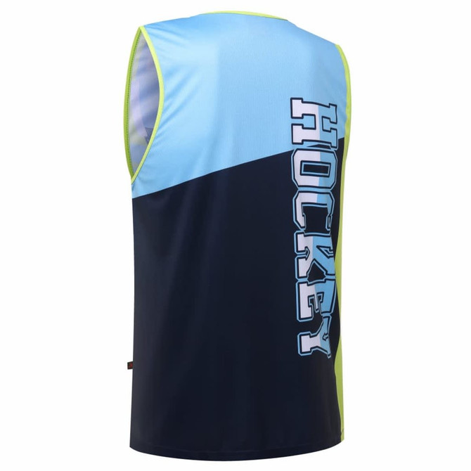 A sleeveless hockey training shirt in blue and navy, featuring large text on the back and a logo.