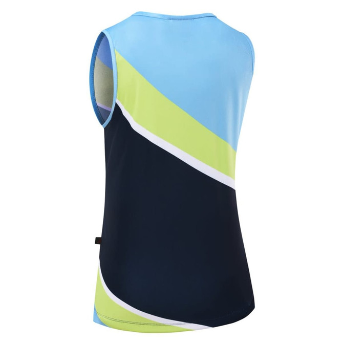 A sleeveless sports top in blue, green, and navy with a bold, dynamic design. It features a brand logo on the back.