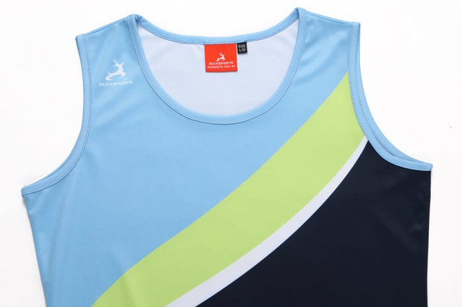 A sleeveless sports top featuring blue, green, and navy colours with a logo on the upper left.