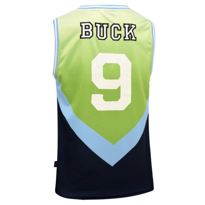 A sleeveless basketball singlet in green, blue, and navy, featuring the name "BUCK" and the number 9 on the back.