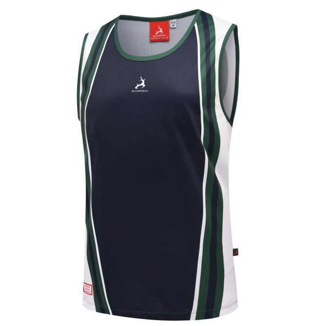 A sleeveless athletic singlet in navy blue with green and white stripes, featuring a logo on the front.