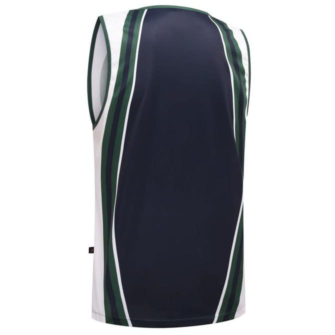 A sleeveless singlet featuring navy blue and white with green stripes, showcasing a sporty design and a logo.