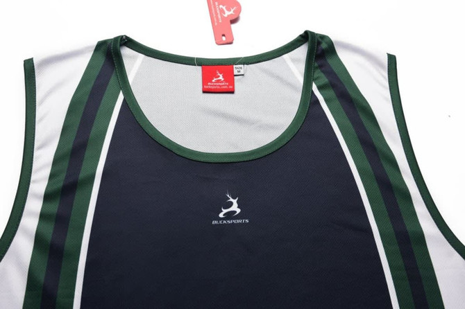A black and green singlet featuring contrasting stripes and a logo, with a tag attached at the neckline.