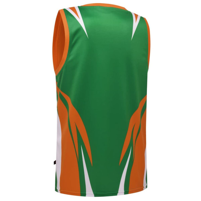 A reversible singlet featuring a vibrant green and orange design with stylised patterns on the back.