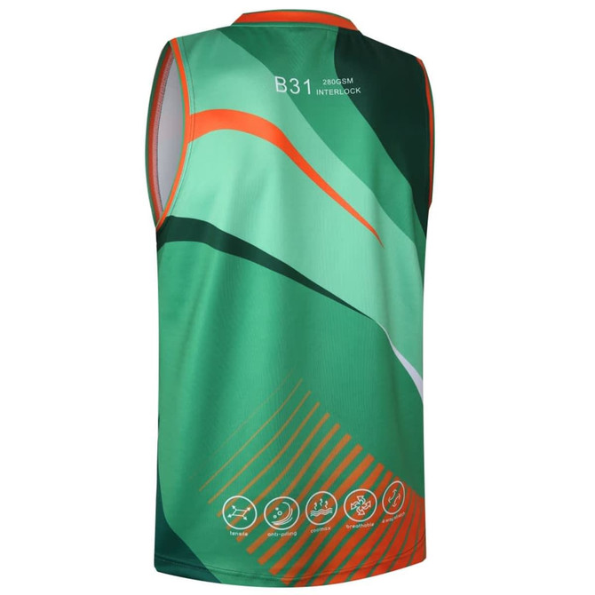 A green and orange athletic vest featuring a geometric pattern and a logo on the back.