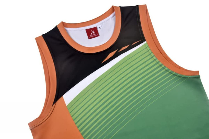 A sleeveless sports top featuring green and orange panels with a black section and a logo.