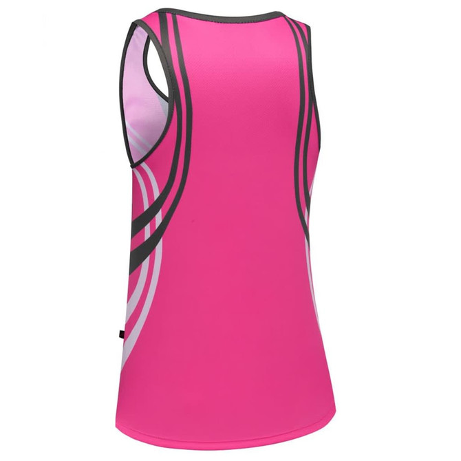 A pink women's singlet with black and white design elements, featuring a logo on the back.