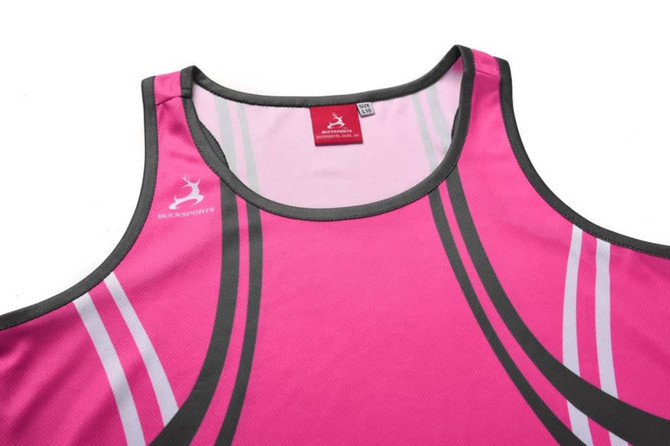 A pink women's singlet featuring grey and white stripes, with a logo on the upper left.