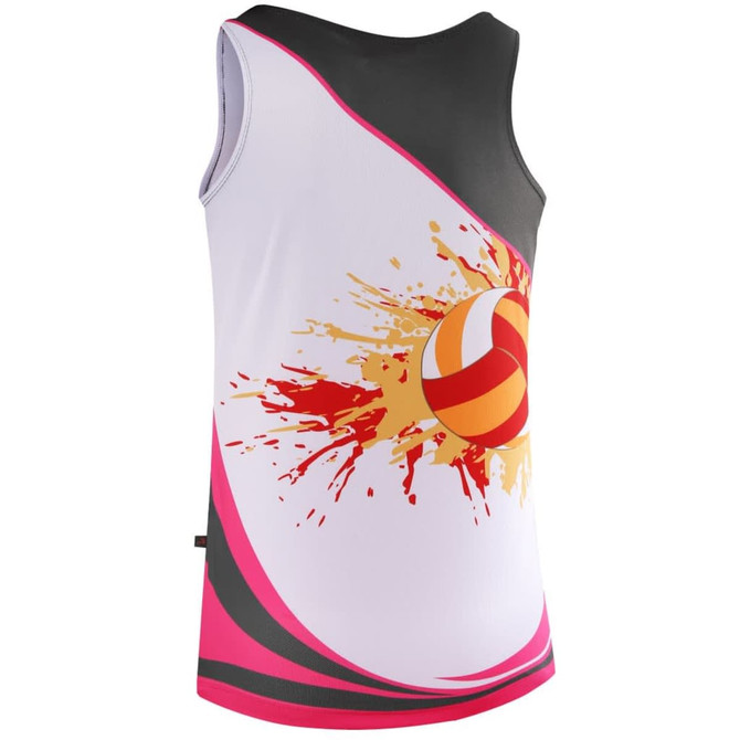 A volleyball singlet featuring a vibrant design in white, pink, black, and orange with a splash graphic and ball motif.