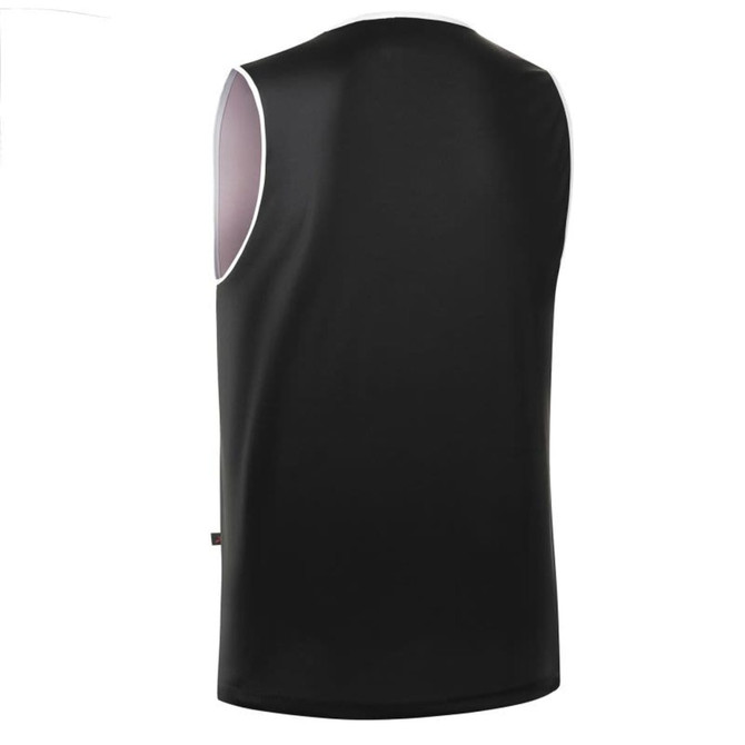 A black singlet with white detailing on the shoulders and a small logo on the back.