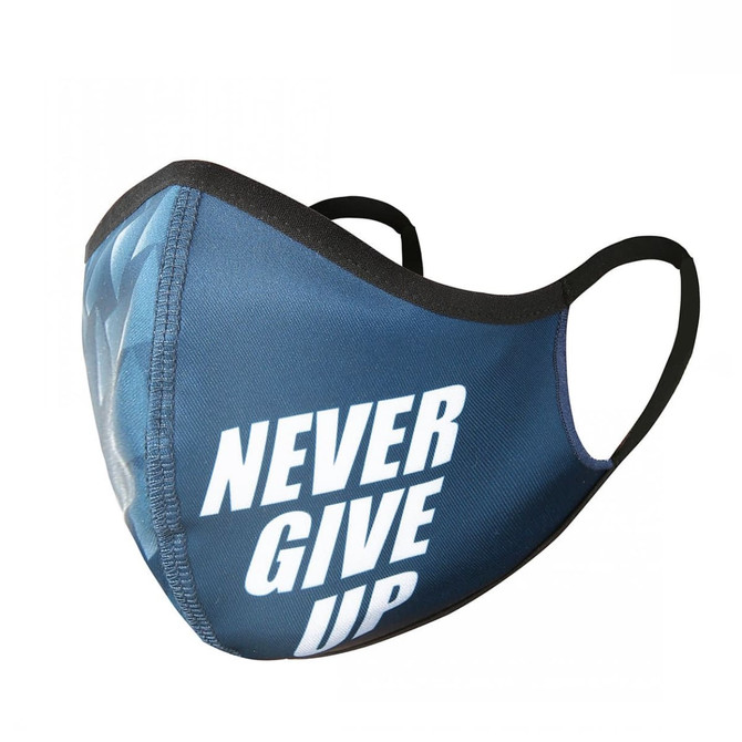 A blue face mask featuring the phrase "NEVER GIVE UP" and a branding logo.