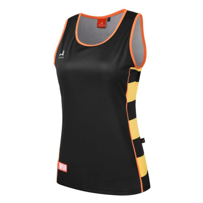 A black singlet with orange trim and yellow stripes on the side, featuring a logo on the front.