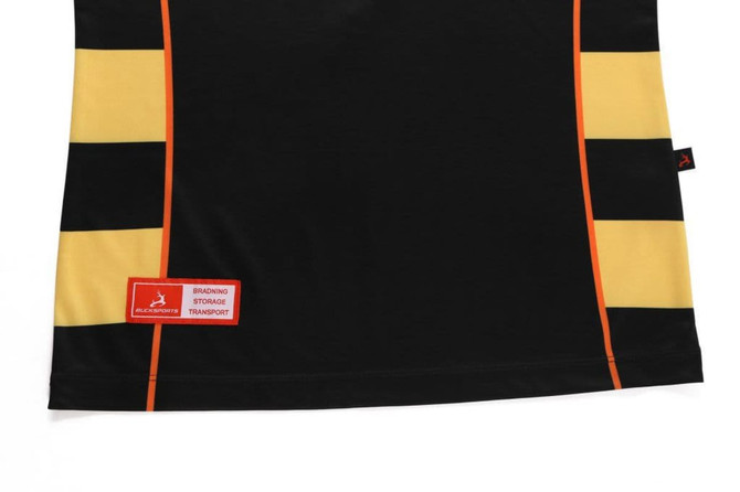 A black singlet with yellow and orange stripes, featuring a logo and a tag at the bottom.