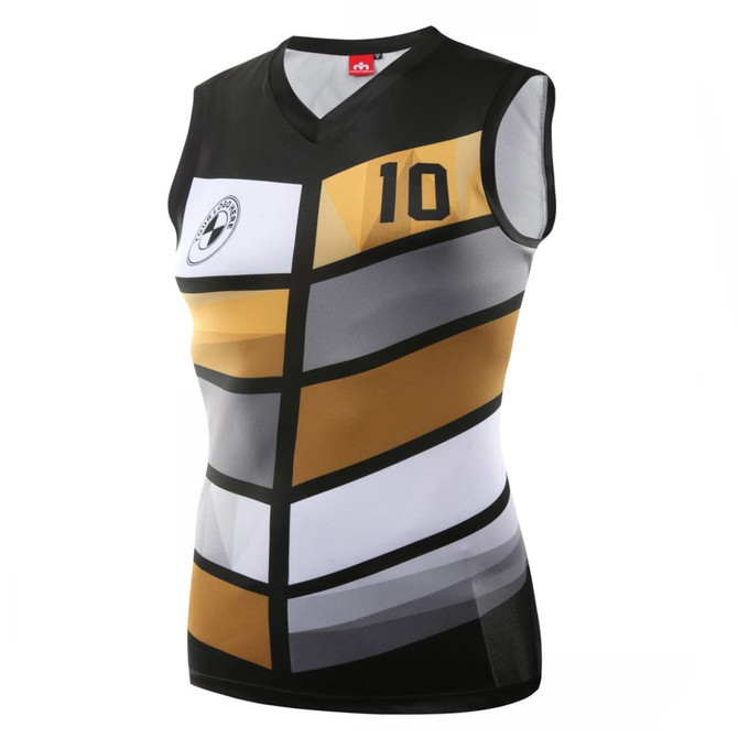 A sleeveless player singlet in black, white, and gold with geometric patterns and a logo.