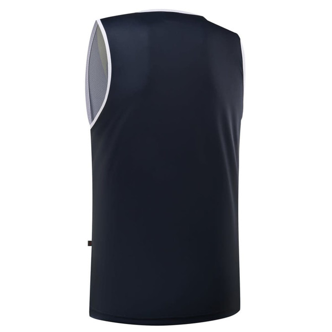 A sleeveless singlet in navy blue with white accents and a mesh back, featuring a logo.