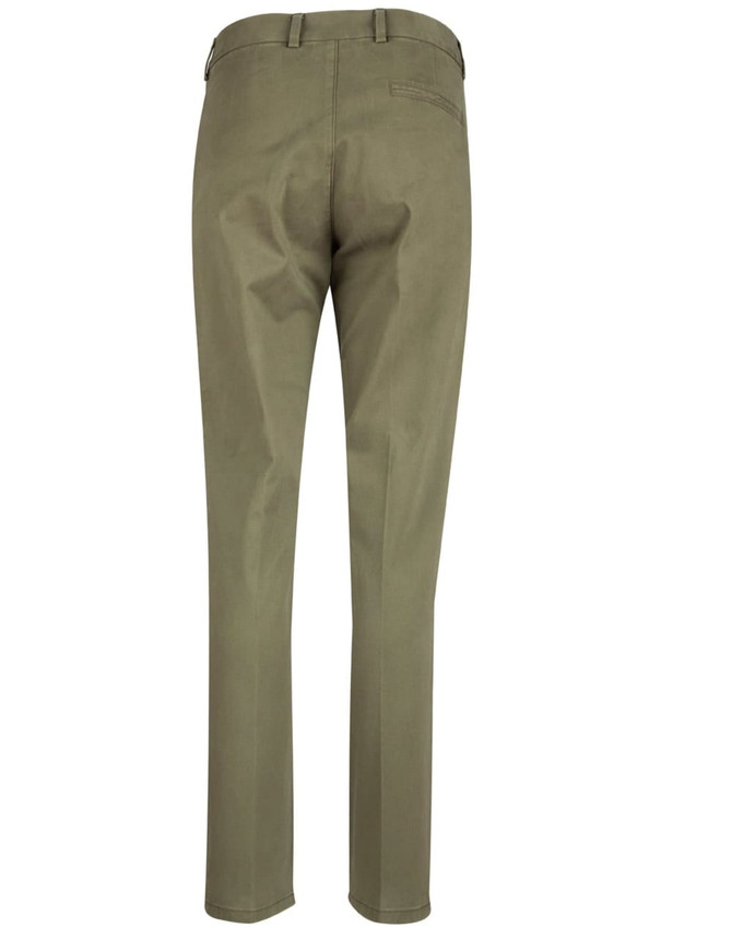 A pair of olive green ladies' chino pants, featuring a straight leg design and rear pocket.