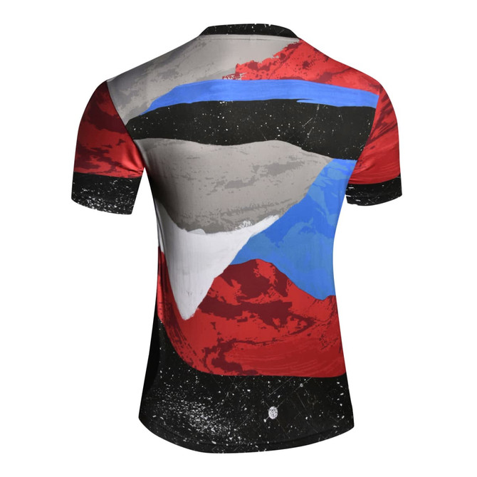 A cotton tee with a vibrant abstract design featuring red, blue, grey, and black colours. It has a logo on the back.