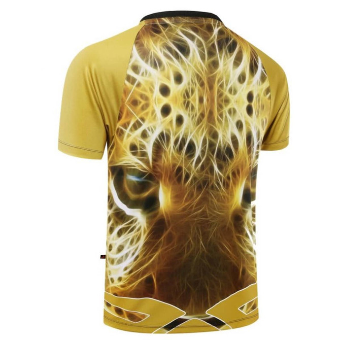 A sublimated T-shirt featuring a vibrant, gold design with an abstract pattern, showcasing a logo on the back.