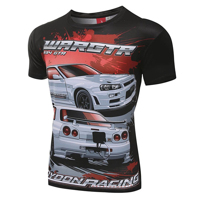 A polyester sublimation racing T-shirt featuring a black design with a graphic of a car. It has a logo on it.