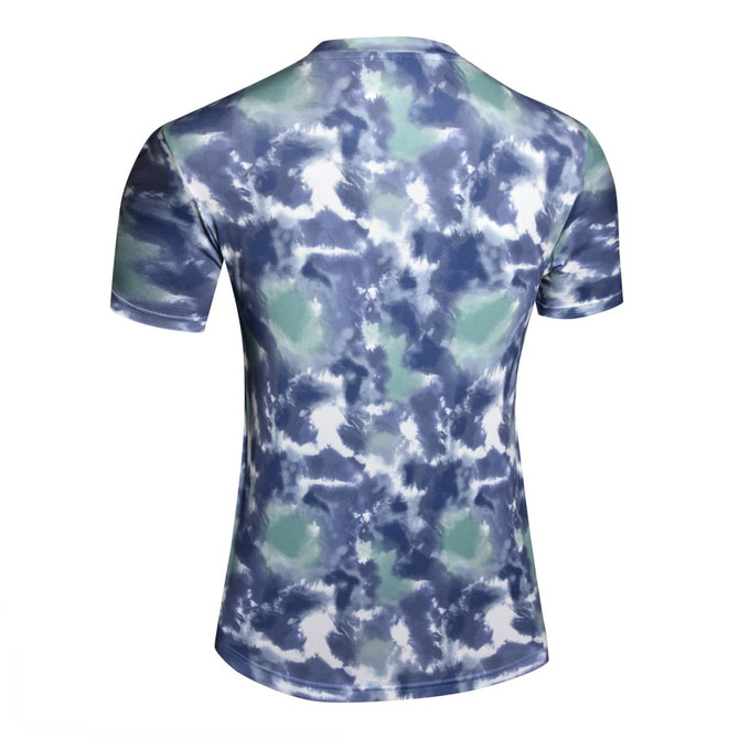 A cotton T-shirt featuring a blue and green tie-dye pattern, showcasing the back design and a branded logo.