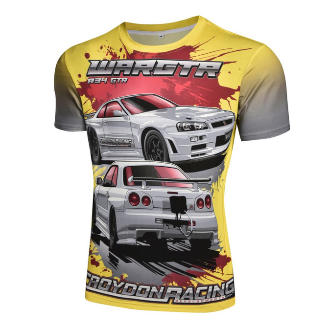 A yellow racer tee featuring cars with a graphic design. The shirt has a logo and a close fit style.