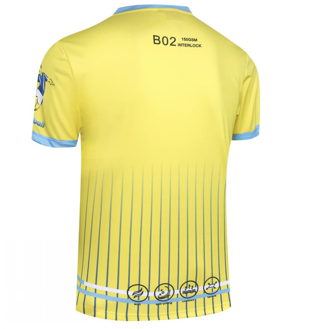 A yellow handball jersey featuring blue accents and a logo. The design includes vertical stripes on the back.