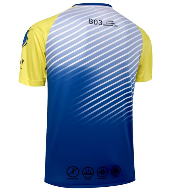 A blue and yellow archery team shirt featuring a gradient design and a logo on the upper back.