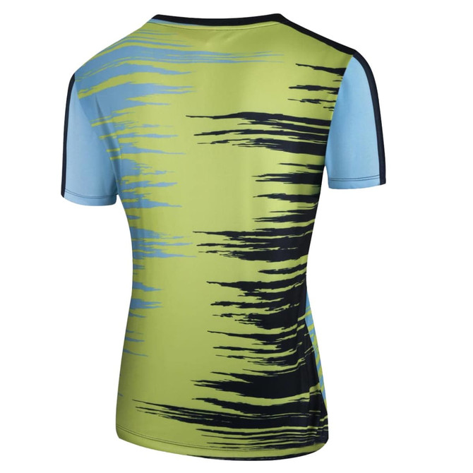 A T-shirt featuring a vibrant design with green, blue, and black colours, displaying an abstract pattern.