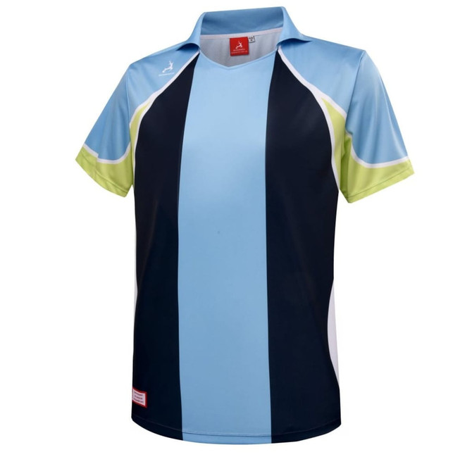 A blue and navy soccer polo shirt with light green accents and a logo on the chest.