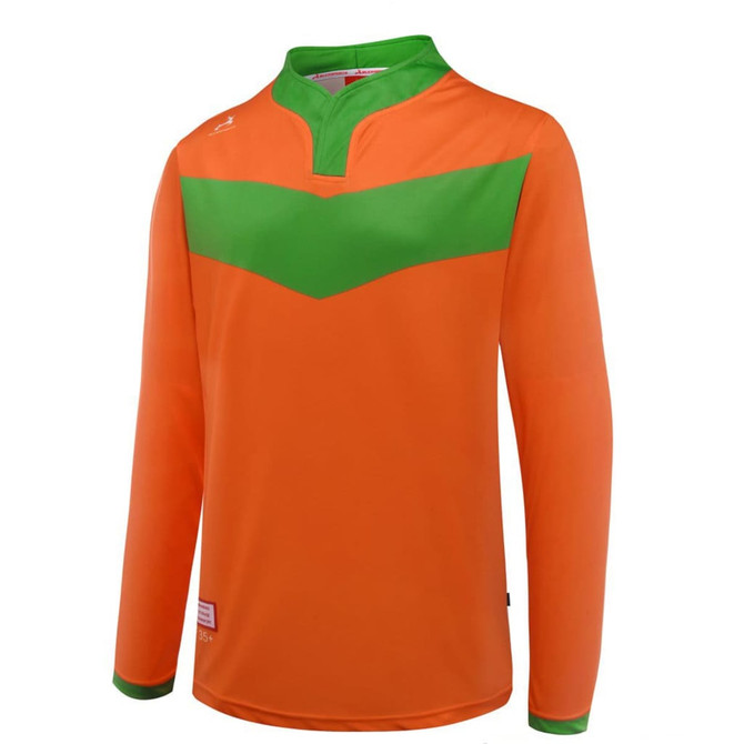 An orange long-sleeve shirt with a green chevron design. The shirt has a collar and features a logo.