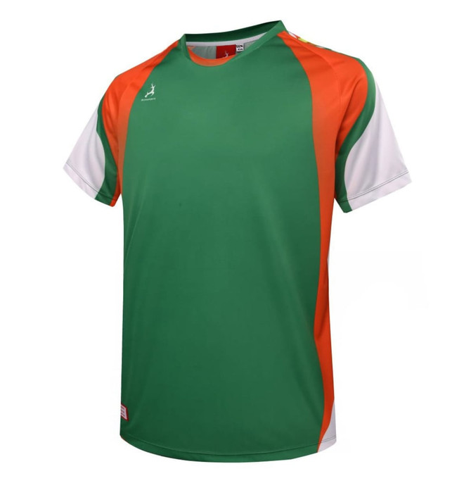 A green and orange sports T-shirt with white accents and a logo on the front.