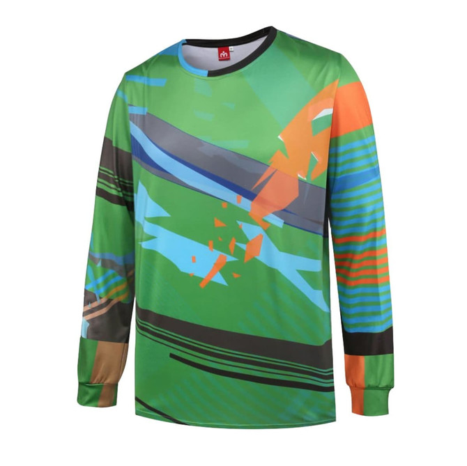 A long sleeve t-shirt in green with abstract patterns in orange, blue, and black, featuring a logo on the chest.