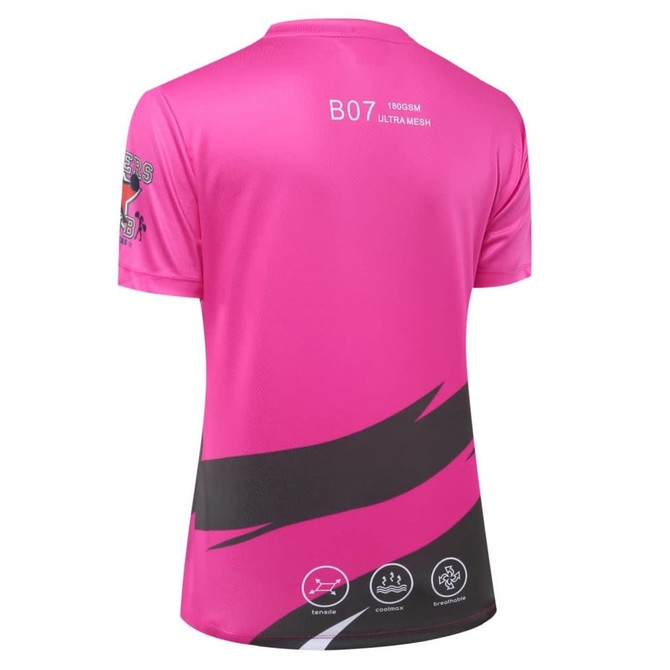 A bright pink cheerleader uniform featuring a sleek design, dark accents, and a logo on the sleeve.