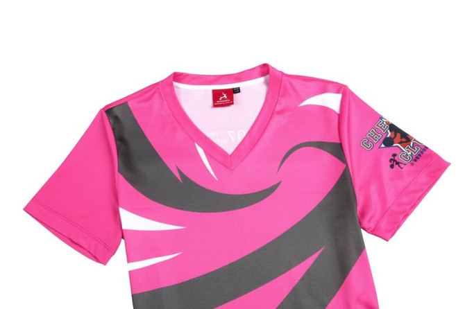 A pink cheerleader uniform with grey accents and a logo on the sleeve. It features a V-neck design.