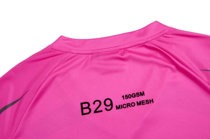 A pink custom lady T-shirt featuring a micro mesh fabric design and a branding logo on the back.