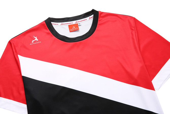 A red, black, and white T-shirt featuring a logo, with a crew neckline and a sporty cut.