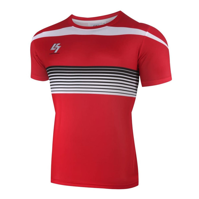 A red T-shirt featuring horizontal black and white stripes, with a logo on the front.