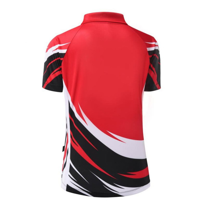 A red and black sports polo shirt with white accents and a stylish swirl design. The back view is visible.