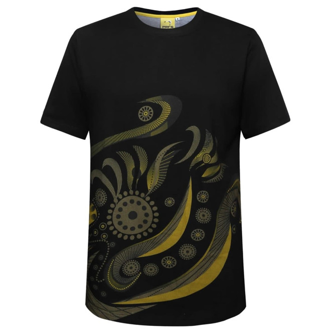 A black cotton T-shirt featuring a vibrant, artistic design in yellow and green tones. The shirt includes a logo.