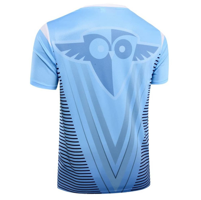 A light blue sublimation round neck tee with a graphic design and a logo on the back.