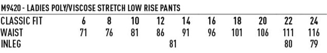 A size chart for women's low rise pants in poly/viscose stretch, displaying measurements for waist and inleg.