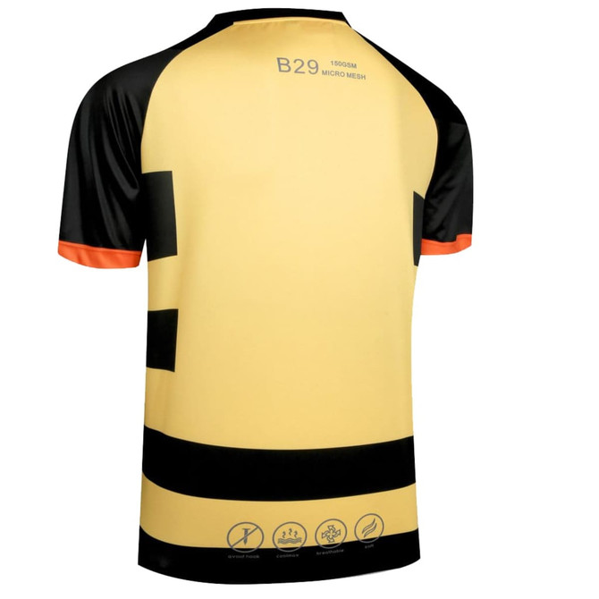 A custom design team t-shirt in yellow with black and orange accents, featuring a logo on the back.