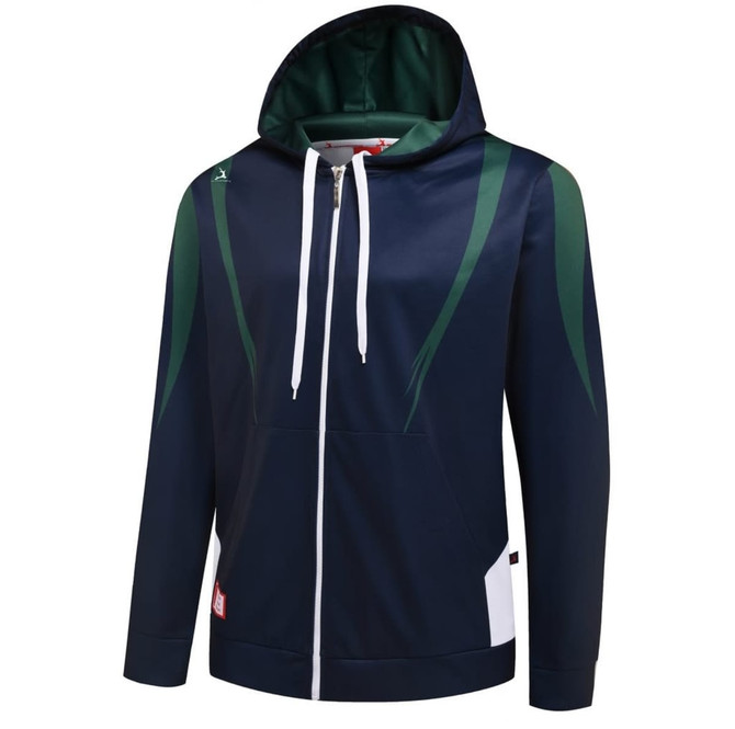 A navy blue hoodie with green accents and a white panel, featuring a logo on the chest and a zip-up front.
