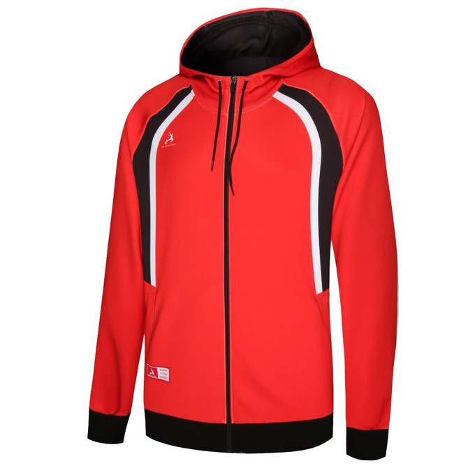 A red sports hoodie with black and white accents, featuring a hood and a front zip. It has a logo on the chest.