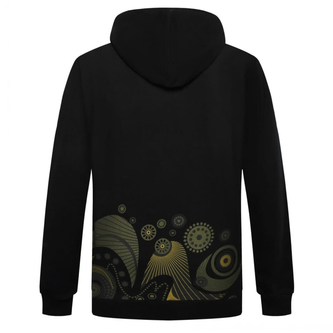 A black hoodie featuring a colourful abstract design on the lower back. Includes a hood and a logo.