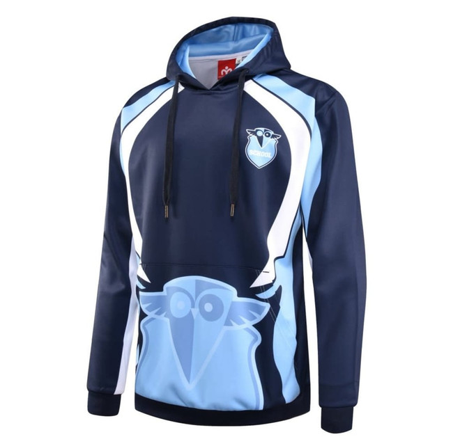 A navy and light blue hoodie with a logo on the chest and a drawstring hood.