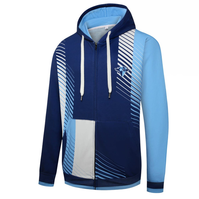 A blue and light blue hoodie with a zip front and a logo on the chest. Features a geometric pattern.
